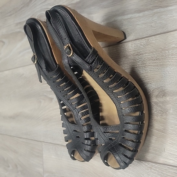 Michael Kors Black South Side Sling Back Leather Wood Platform Heels Women 8 1/2 - Picture 3 of 9